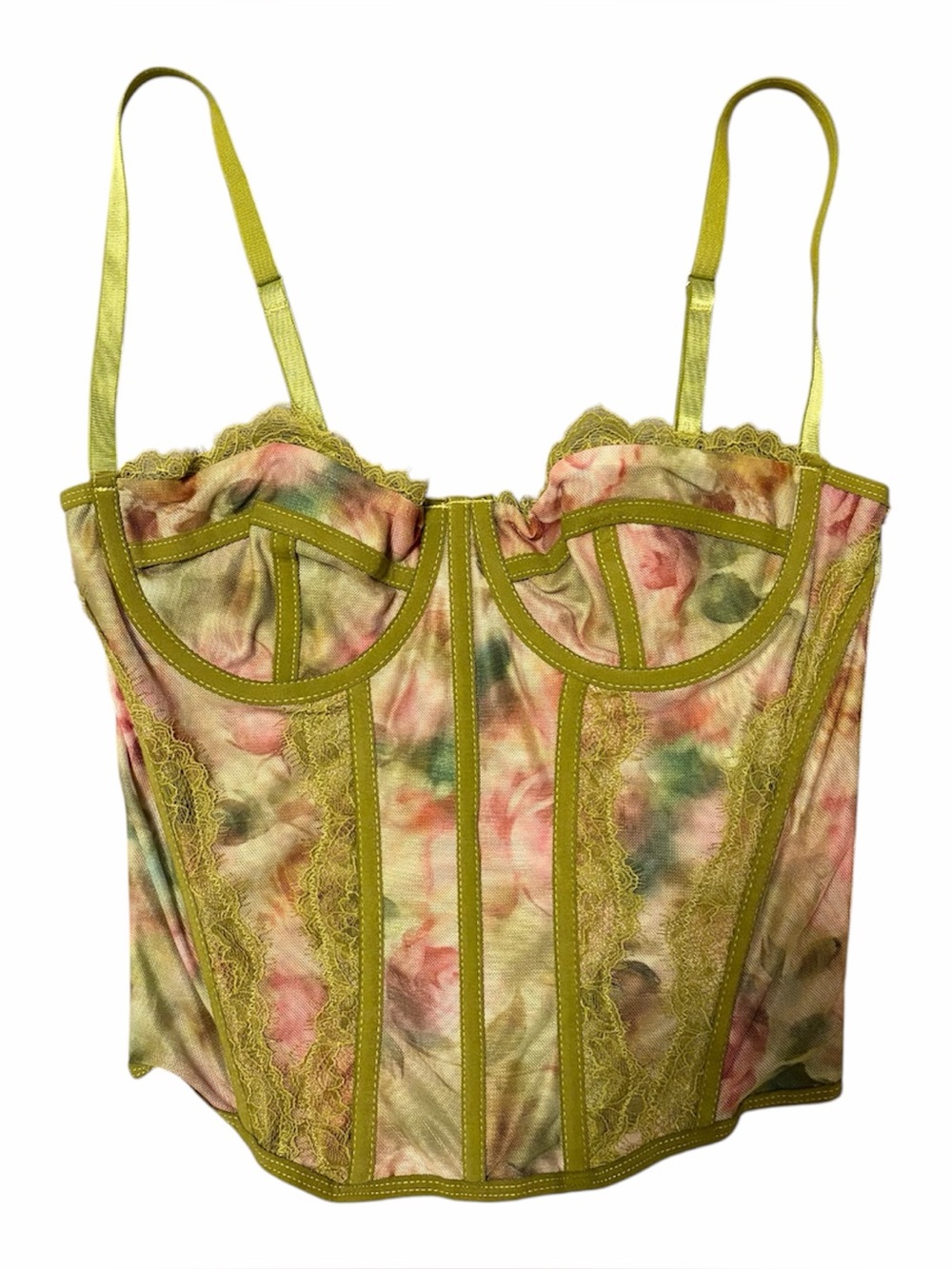 Shein Small Green Floral Corset Tank Top, Lace Trimmed Bustier